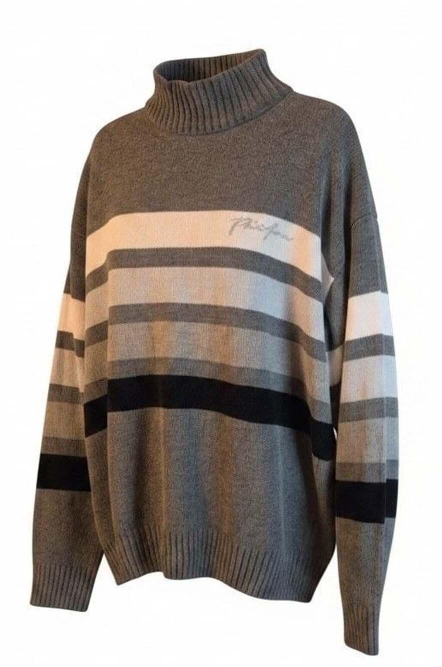 Phat Farm Vintage 90s Grey Striped Turtleneck Acrylic Sweater Size XXL